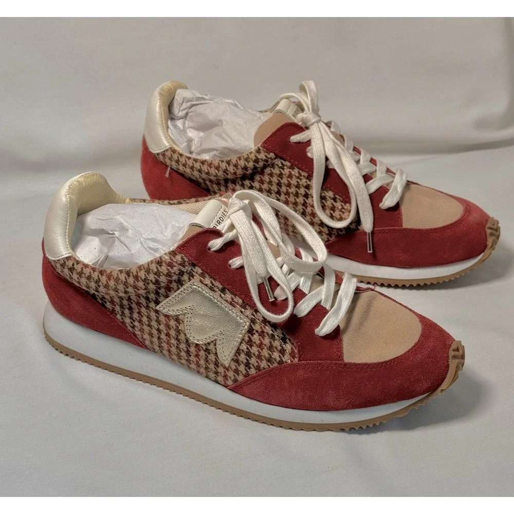 Birdies Roadrunner Sneakers 9.5 Houndstooth Red Suede Tweed Lace Up Women's